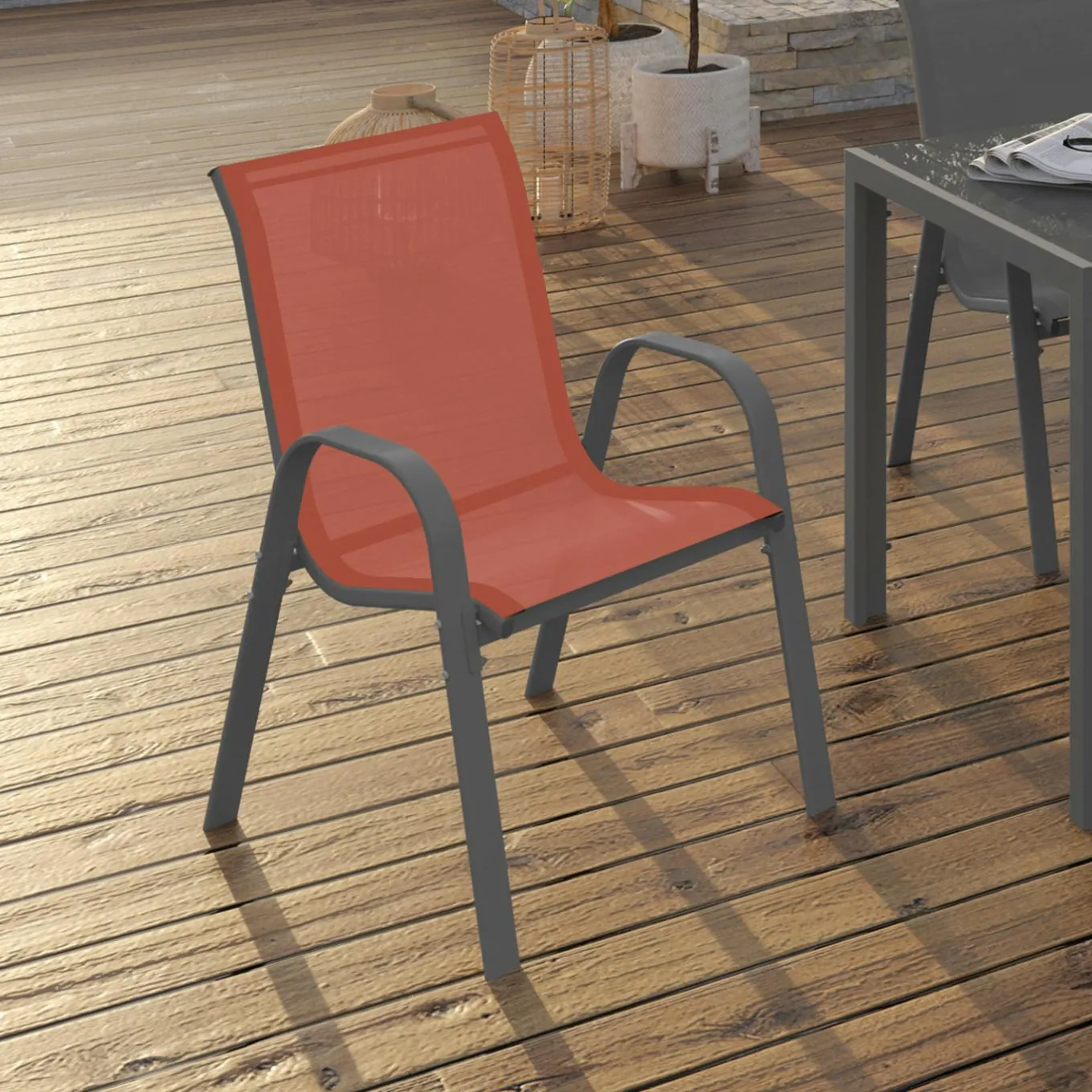 IDMarket 6 chaises de jardin en métal et textilène gris, noir et terracotta empilables* Salons De Jardin