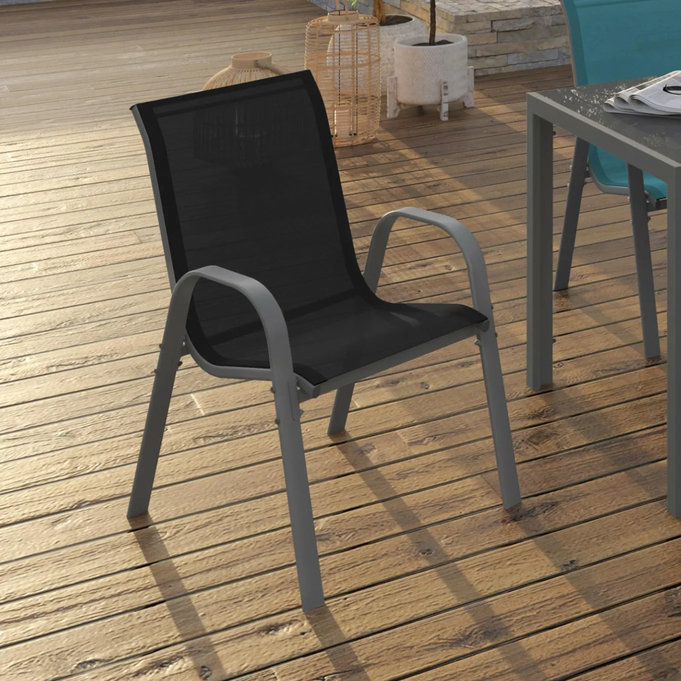 IDMarket 4 chaises de jardin en métal et textilène gris, noir et bleu* Salons De Jardin