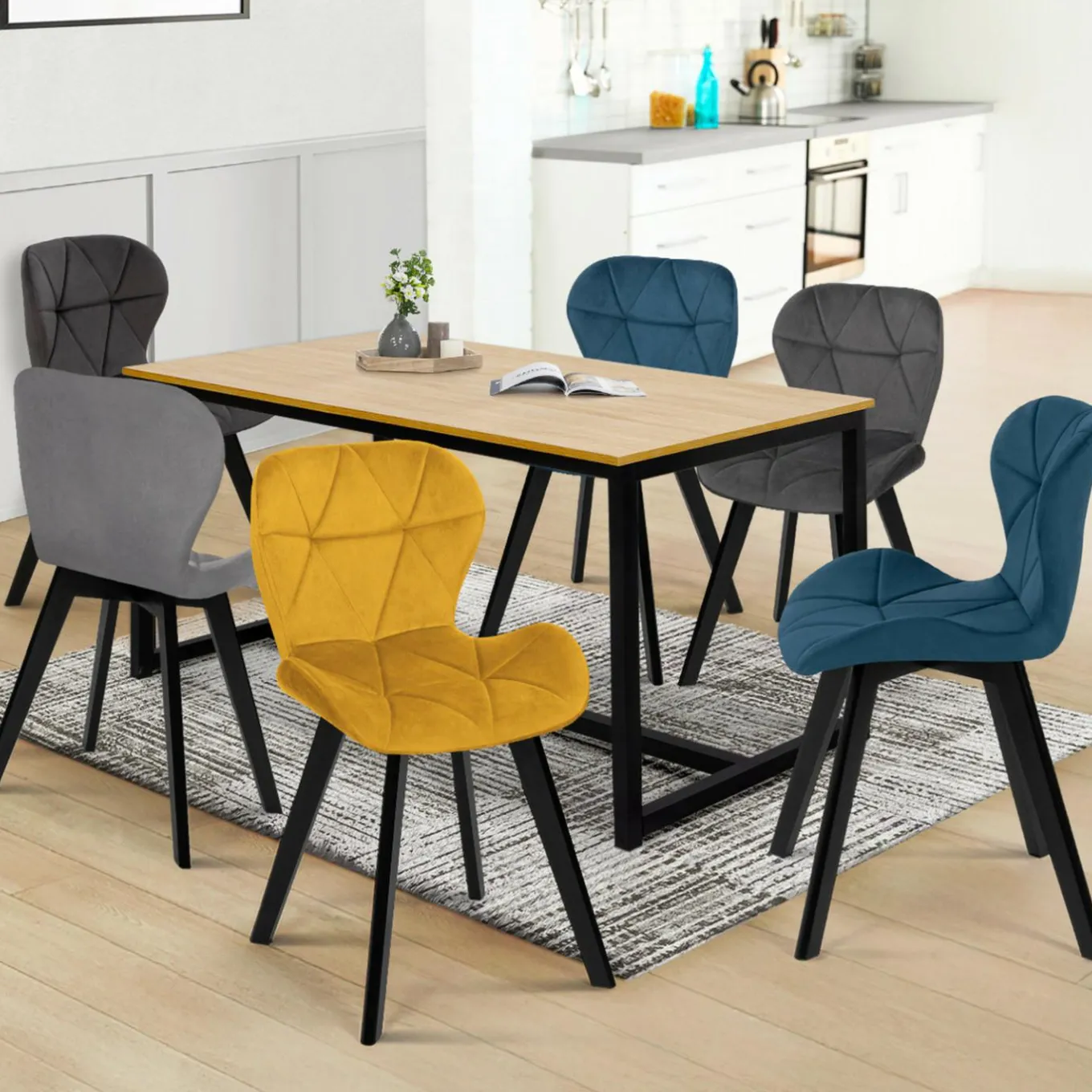 IDMarket 6 Chaises en velours mix color bleu, gris et jaune* Chaises|Salle À Manger Complète