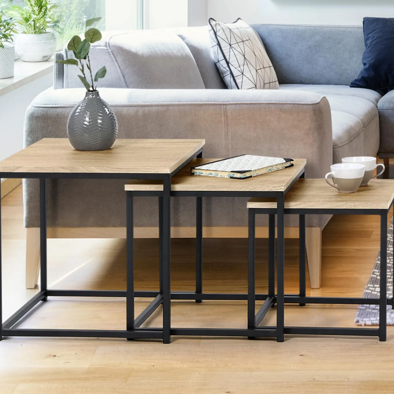 IDMarket 3 tables basses gigognes bois et métal carrées* Collection Industrielle|Salon Complet