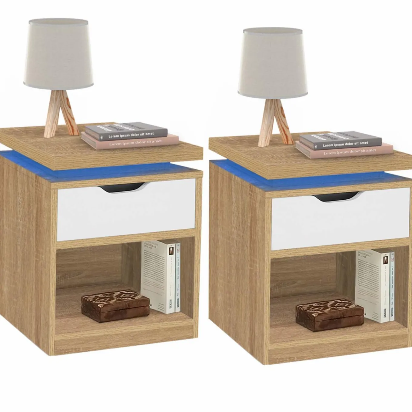 IDMarket 2 tables de chevet à LEDS tiroir et niche bois façon hêtre et blanc* Collection Design|Chambre Complète Adulte