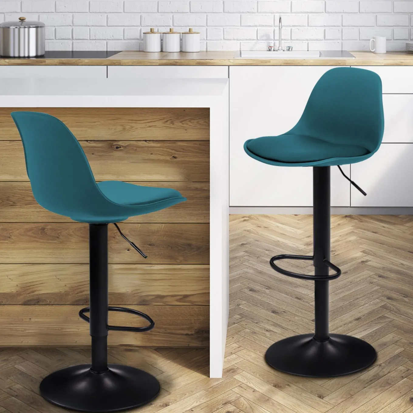 IDMarket 2 tabourets de bar design bleu canard et pied noir* Collection Contemporaine|Tabourets De Bar
