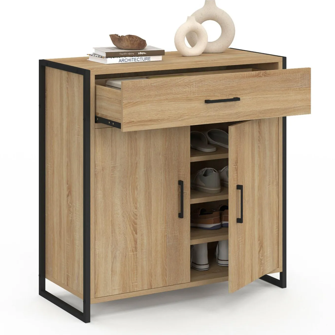 IDMarket Armoire à chaussures 12 paires 2 portes et 1 tiroir design industriel* Petits Meubles|Meubles À Chaussures