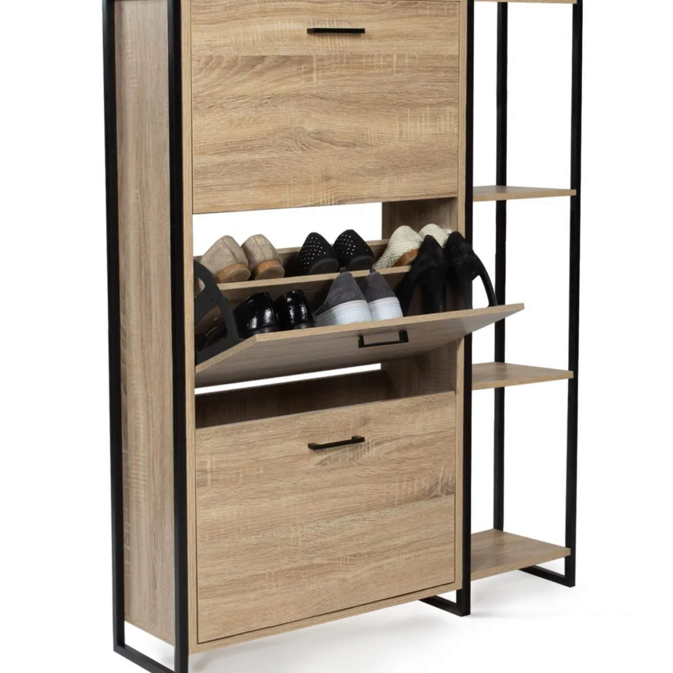 IDMarket Armoire à chaussures bois imitation hêtre et métal noir* Meubles Hauts|Meubles En Bois