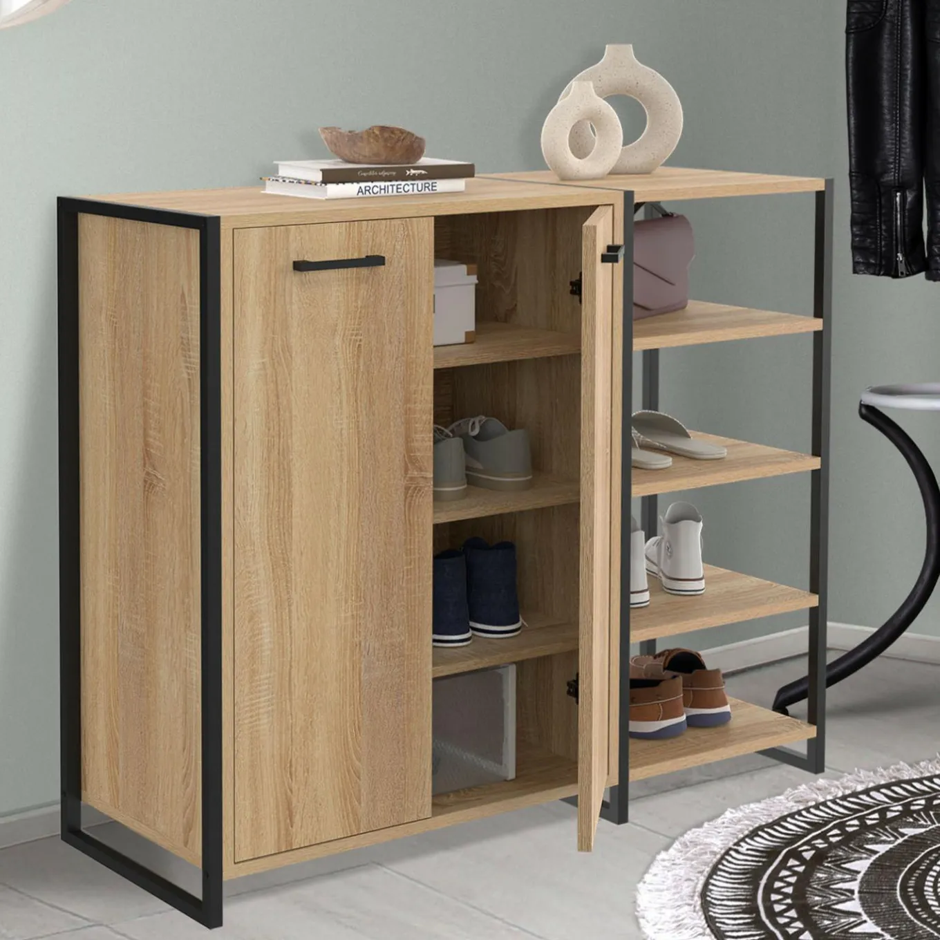 IDMarket Armoire à chaussures design industriel 12 paires 2 portes et 4 étagères* Collection Moderne|Petits Meubles