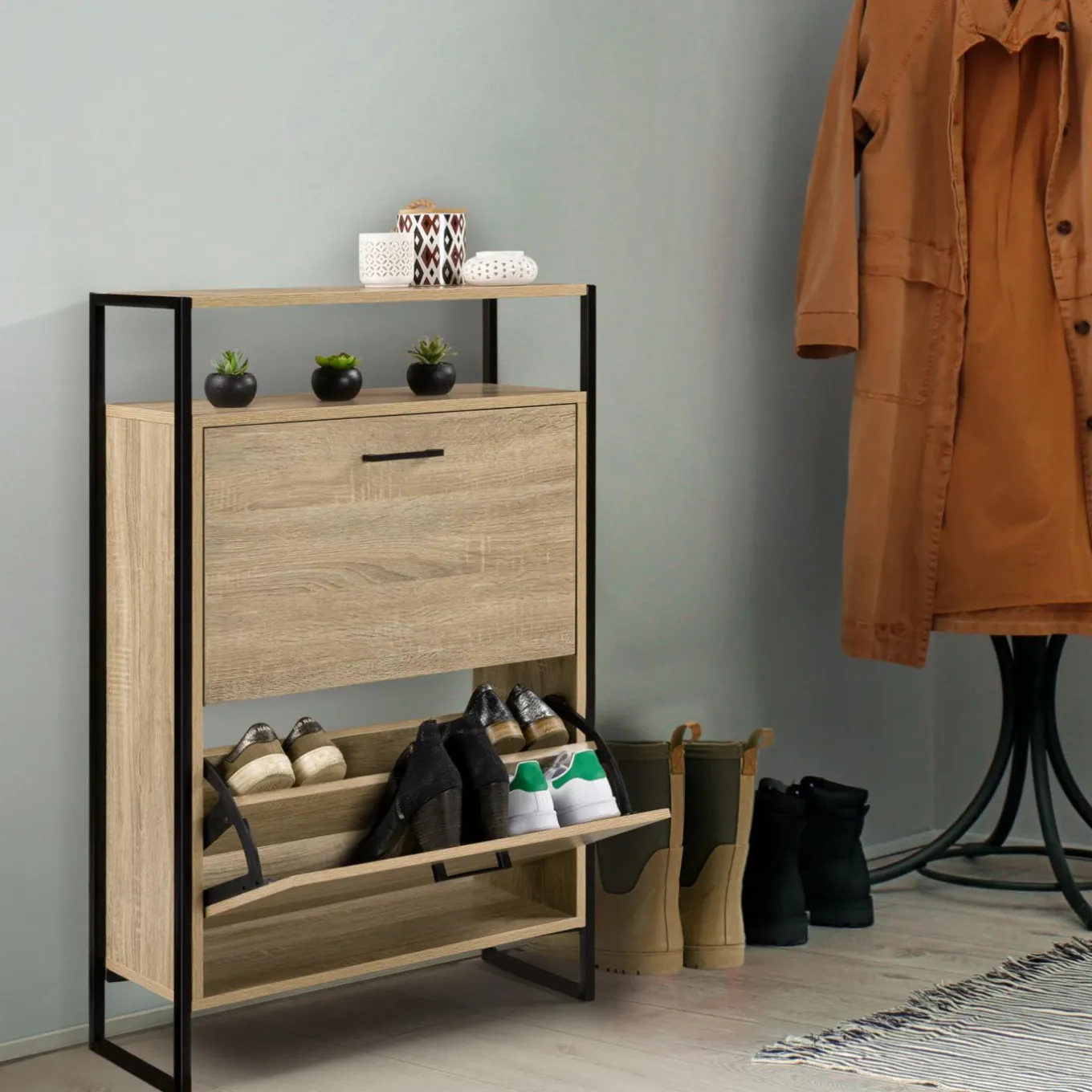 IDMarket Armoire à chaussures industrielle avec étagère bois et métal* Collection Industrielle|Meubles À Chaussures