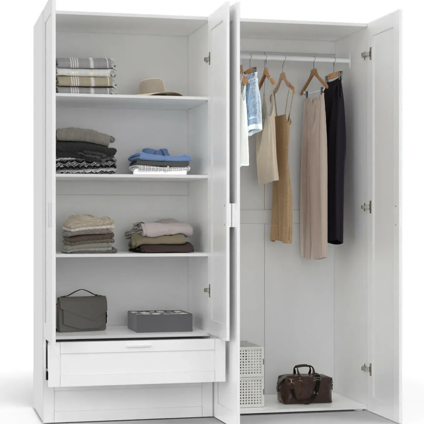 IDMarket Armoire 4 portes blanche dressing penderie et 2 tiroirs 160 cm* Collection Agencement Magasin|Collection Télétravail