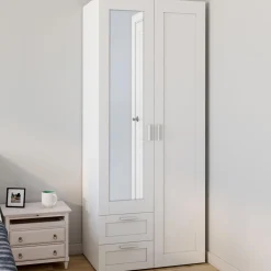 IDMarket Armoire 2 portes blanche penderie avec miroir et 2 tiroirs 80 cm* Dressings Et Portants Vêtements