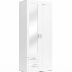 IDMarket Armoire 2 portes blanche penderie avec miroir et 2 tiroirs 80 cm* Dressings Et Portants Vêtements