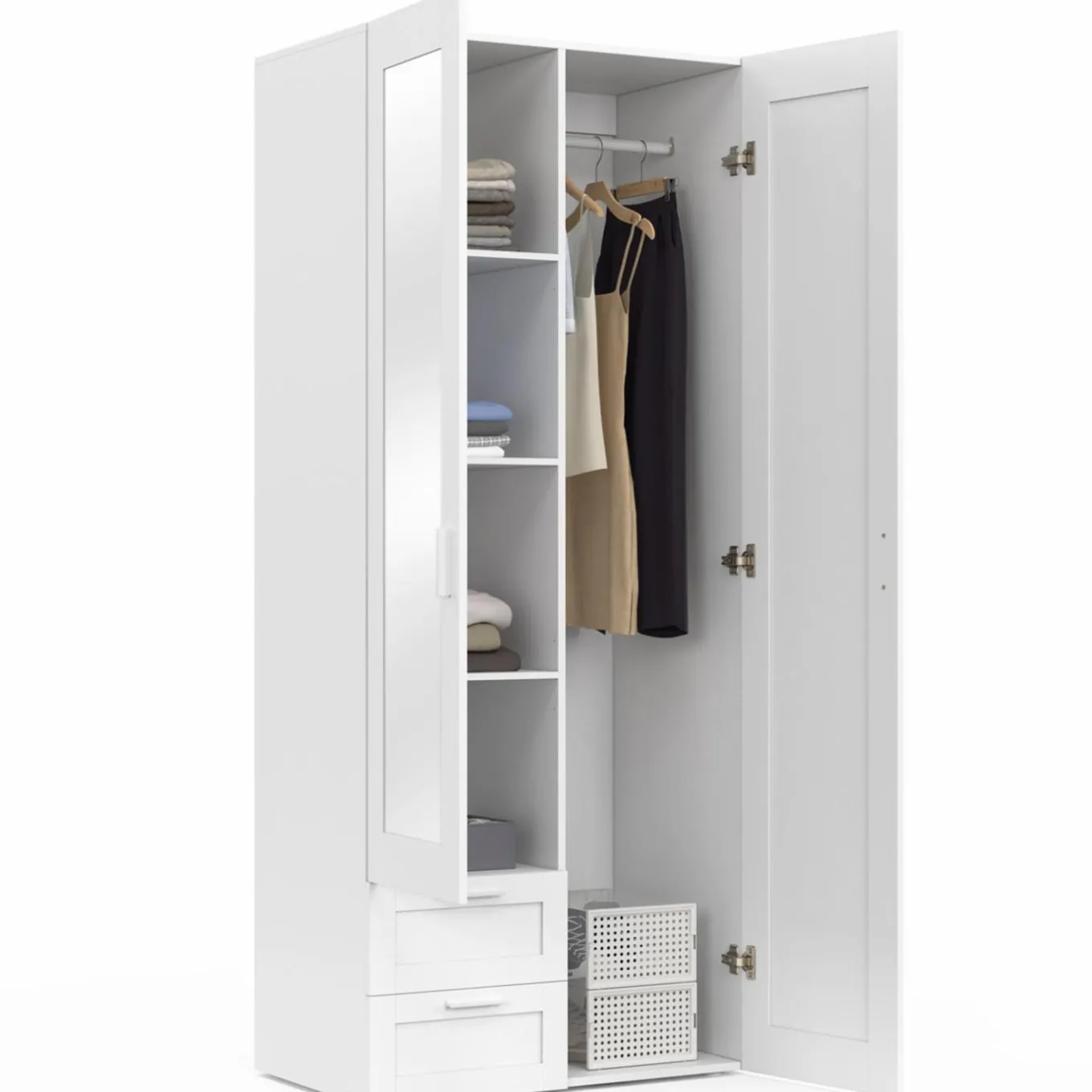 IDMarket Armoire 2 portes blanche penderie avec miroir et 2 tiroirs 80 cm* Dressings Et Portants Vêtements