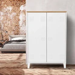 IDMarket Armoire basse industrielle 2 portes métal noir et plateau bois* Rangement Et Accessoires|Collection Métal