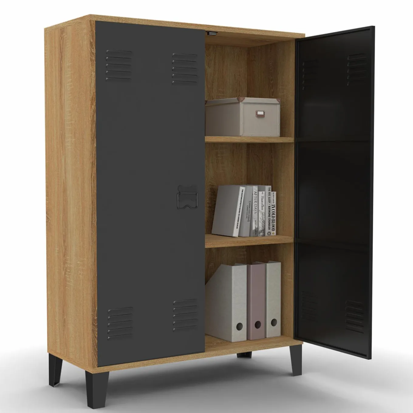 IDMarket Armoire basse industrielle 2 portes métal noir et contour bois* Rangement Et Accessoires|Collection Télétravail