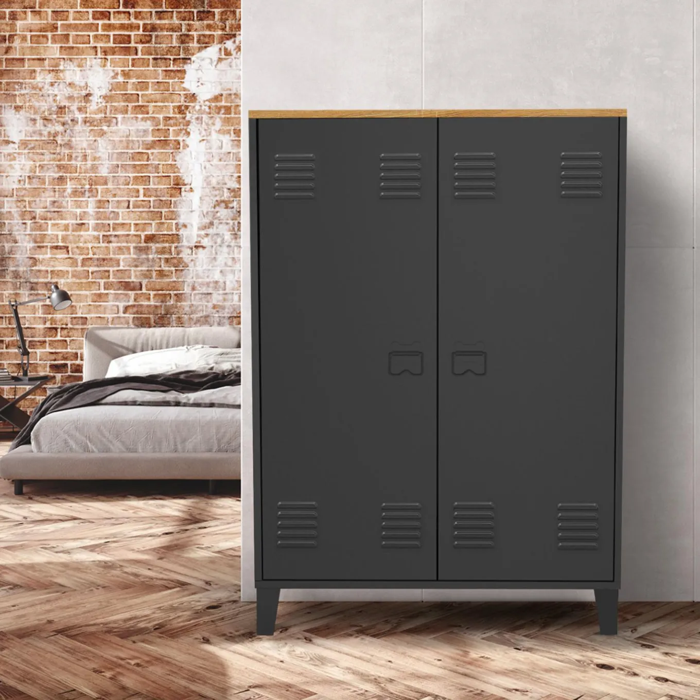 IDMarket Armoire basse industrielle 2 portes métal noir et plateau bois* Collection Télétravail|Collection Métal