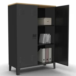 IDMarket Armoire basse industrielle 2 portes métal noir et plateau bois* Collection Télétravail|Collection Métal