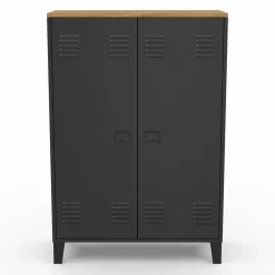 IDMarket Armoire basse industrielle 2 portes métal noir et plateau bois* Collection Télétravail|Collection Métal