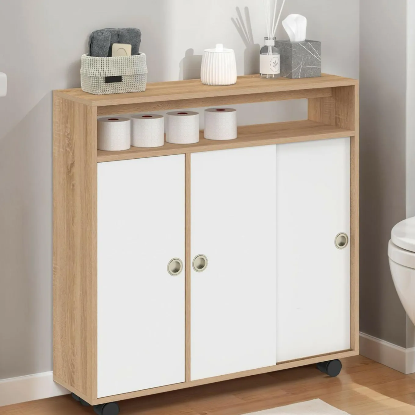 IDMarket Armoire d'appoint meuble de rangement à roulettes salle de bain structure hêtre plateau blanc* Petits Meubles|Meubles Salle De Bain