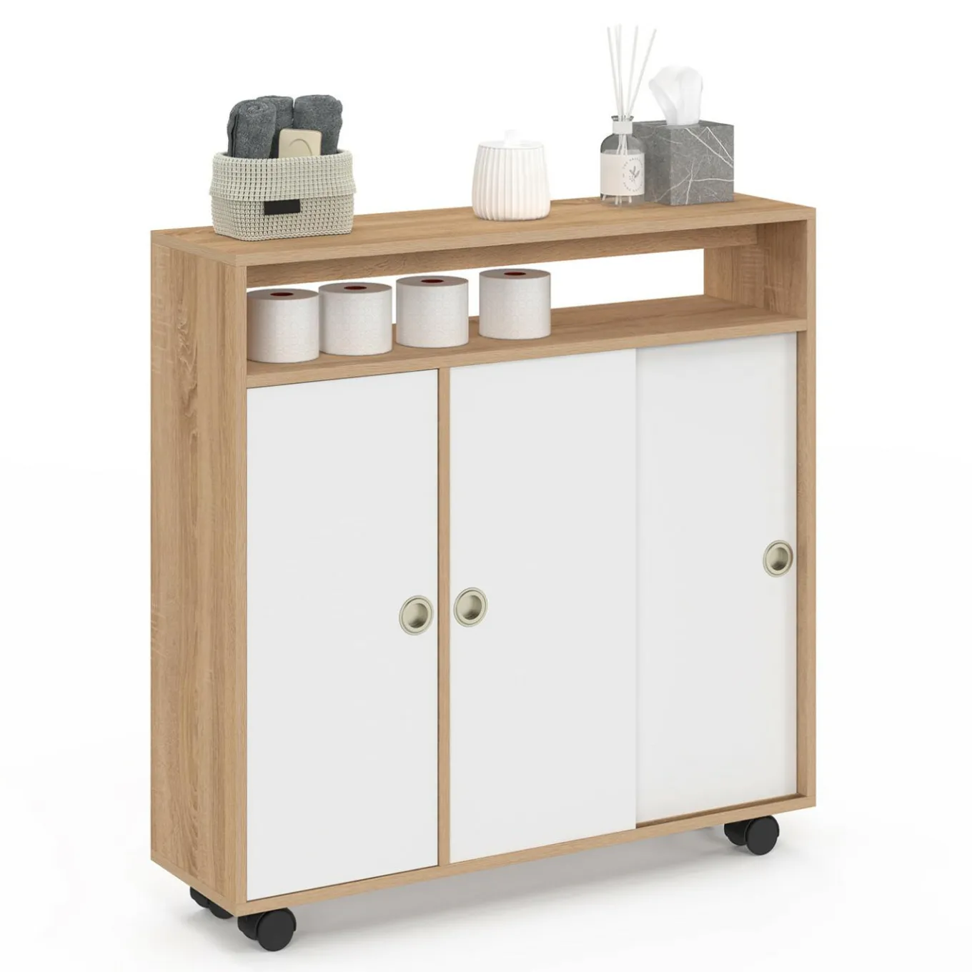 IDMarket Armoire d'appoint meuble de rangement à roulettes salle de bain structure hêtre plateau blanc* Petits Meubles|Meubles Salle De Bain