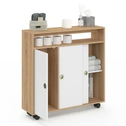 IDMarket Armoire d'appoint meuble de rangement à roulettes salle de bain structure hêtre plateau blanc* Petits Meubles|Meubles Salle De Bain