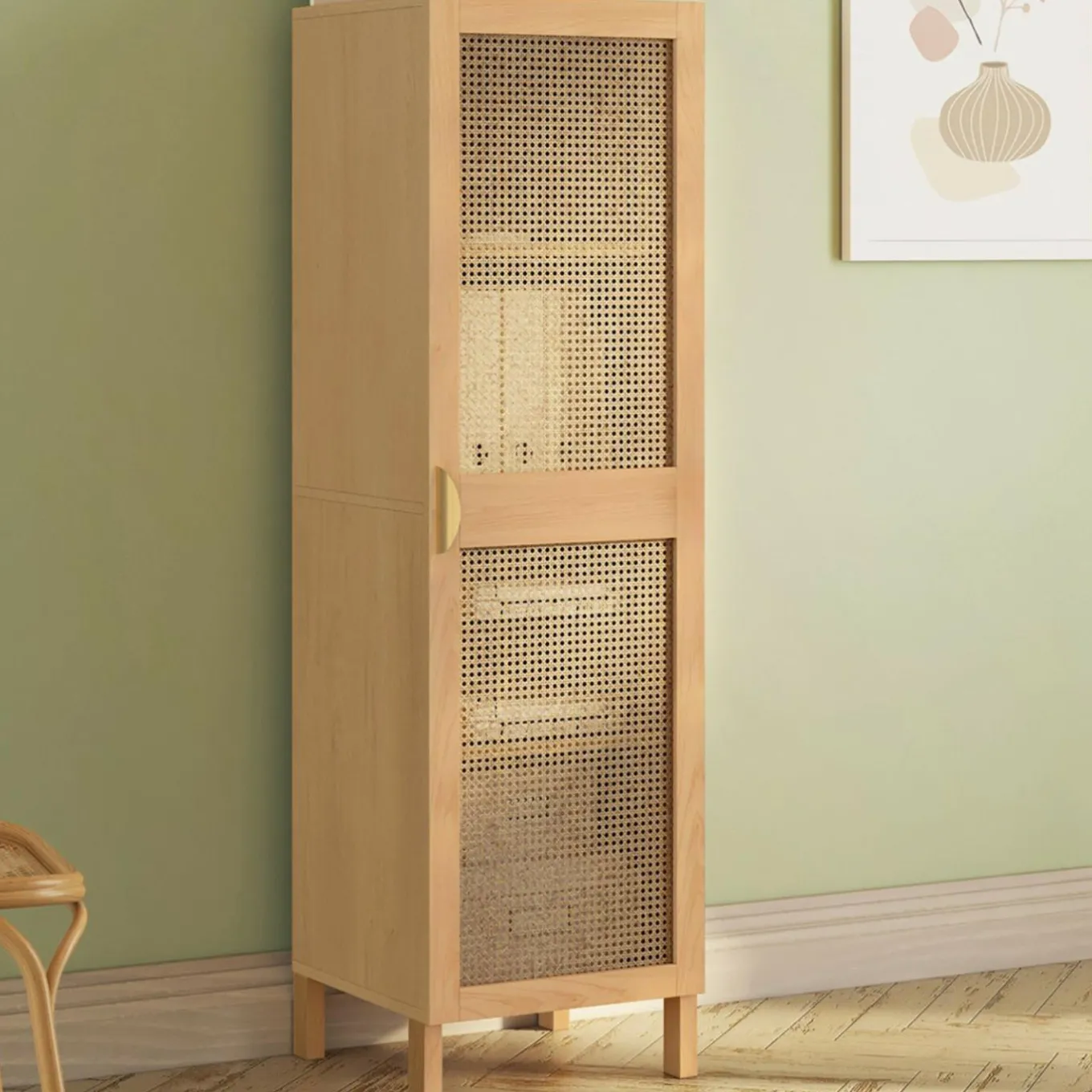 IDMarket Armoire de rangement 1 porte 3 étagères bois et cannage* Meubles Hauts|Meubles En Bois