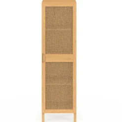 IDMarket Armoire de rangement 1 porte 3 étagères bois et cannage* Meubles Hauts|Meubles En Bois