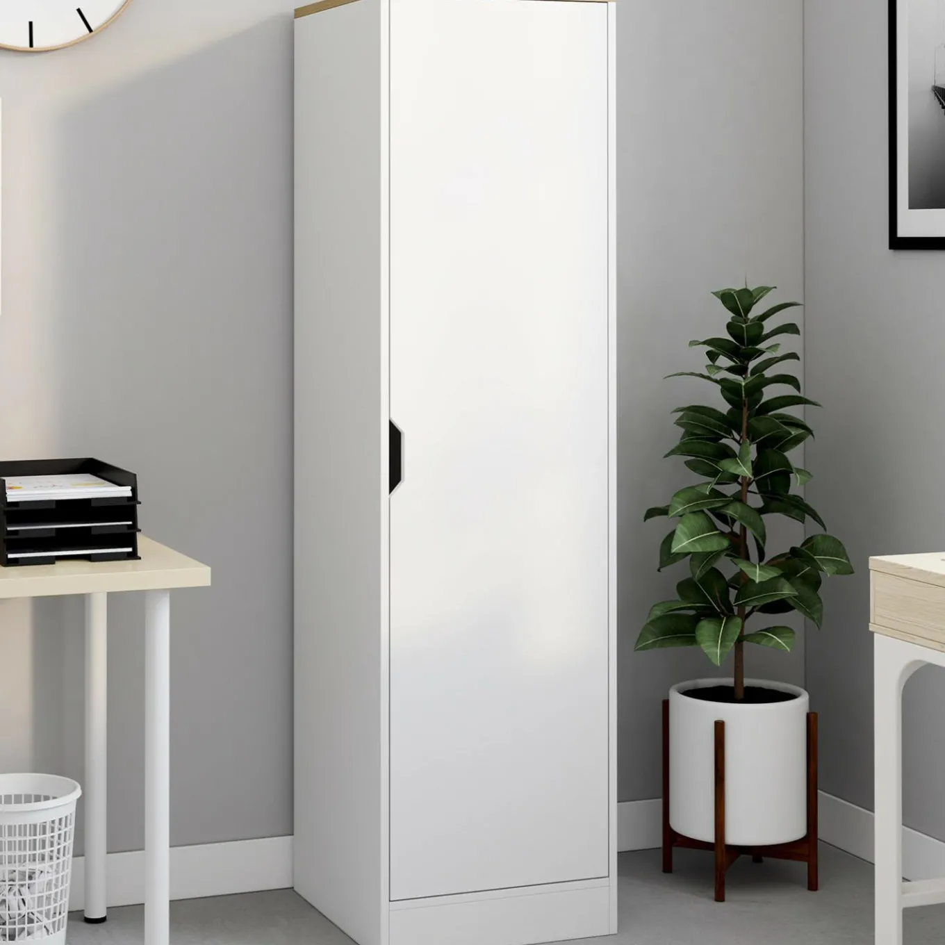 IDMarket Armoire de rangement 1 porte avec étagères blanc et bois* Meubles Blancs|Collection Agencement Magasin