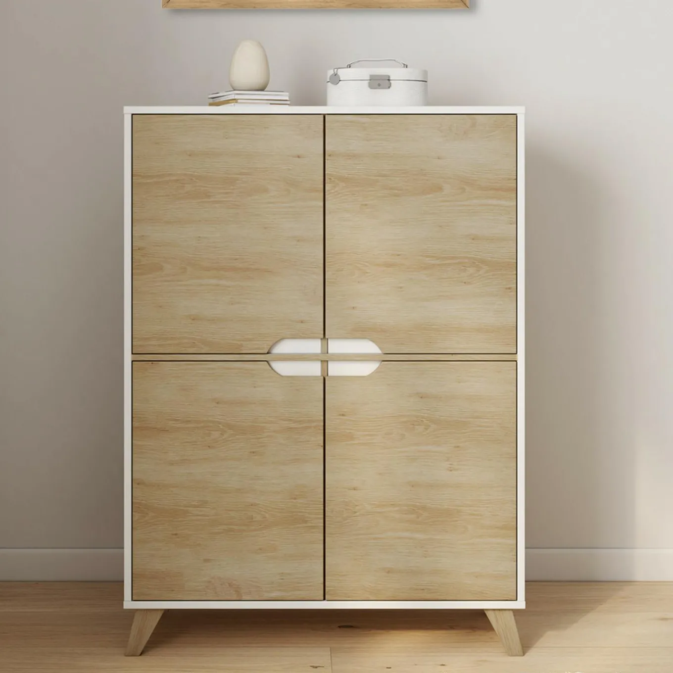 IDMarket Armoire de rangement scandinave avec 4 portes blanc et bois* Collection Scandinave|Chambre Complète Adulte