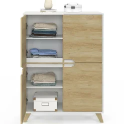 IDMarket Armoire de rangement scandinave avec 4 portes blanc et bois* Collection Scandinave|Chambre Complète Adulte