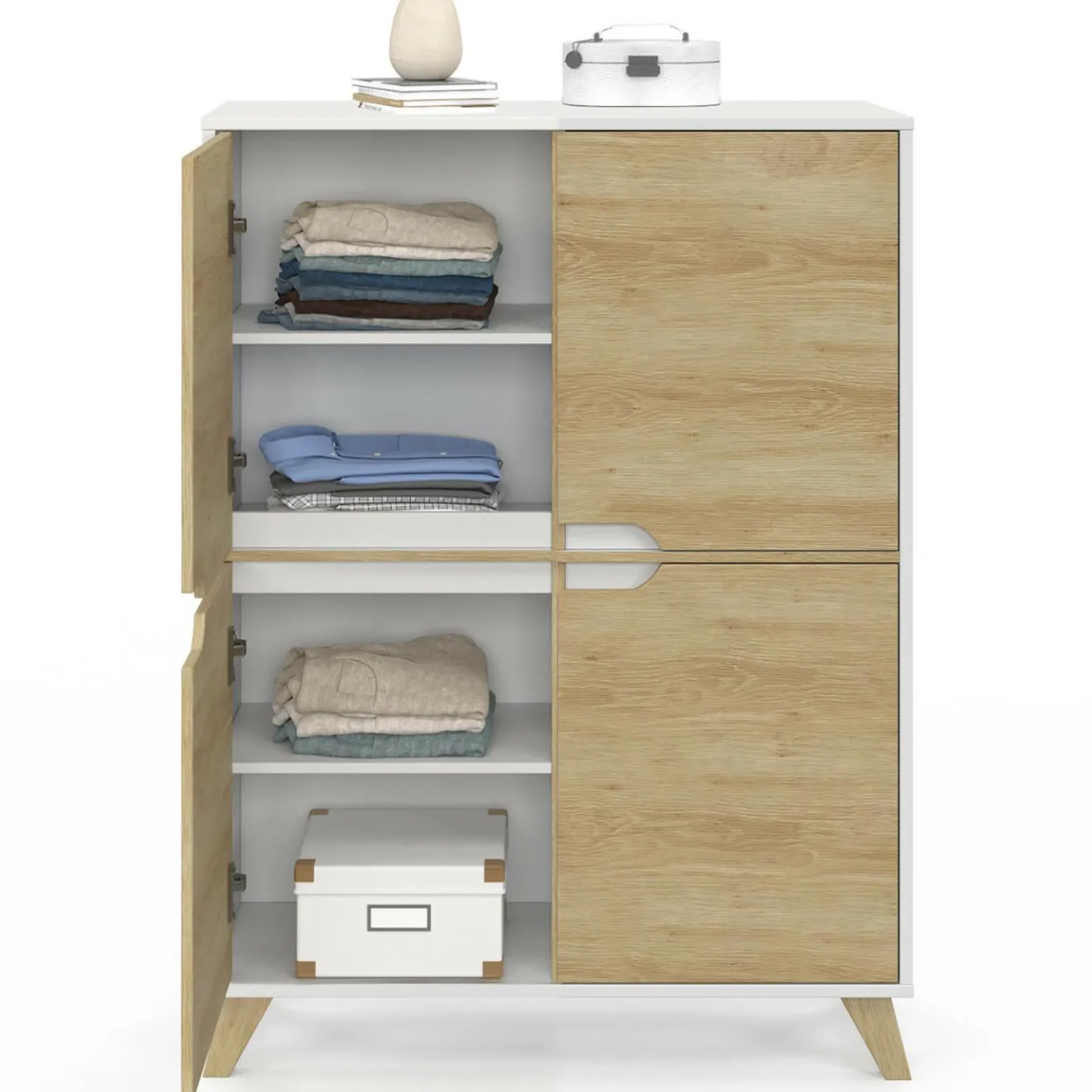 IDMarket Armoire de rangement scandinave avec 4 portes blanc et bois* Collection Scandinave|Chambre Complète Adulte