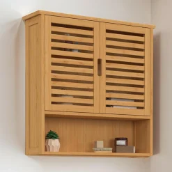 IDMarket Armoire de salle de bain murale en bambou 2 portes et étagère* Meubles Salle De Bain