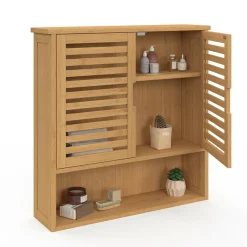 IDMarket Armoire de salle de bain murale en bambou 2 portes et étagère* Meubles Salle De Bain