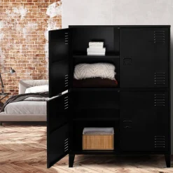 IDMarket Armoire noire et bois avec 4 portes métalliques* Rangement Et Accessoires|Meubles Hauts
