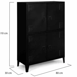IDMarket Armoire noire et bois avec 4 portes métalliques* Rangement Et Accessoires|Meubles Hauts