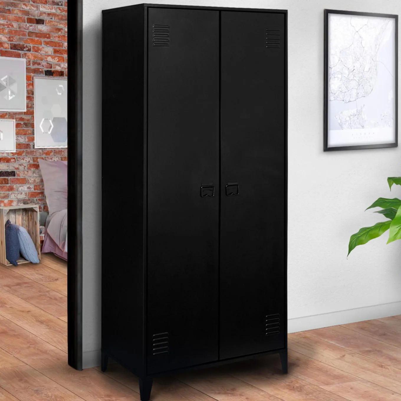 IDMarket Armoire vestiaire métal noir avec 2 portes* Rangement Et Accessoires|Meubles Hauts