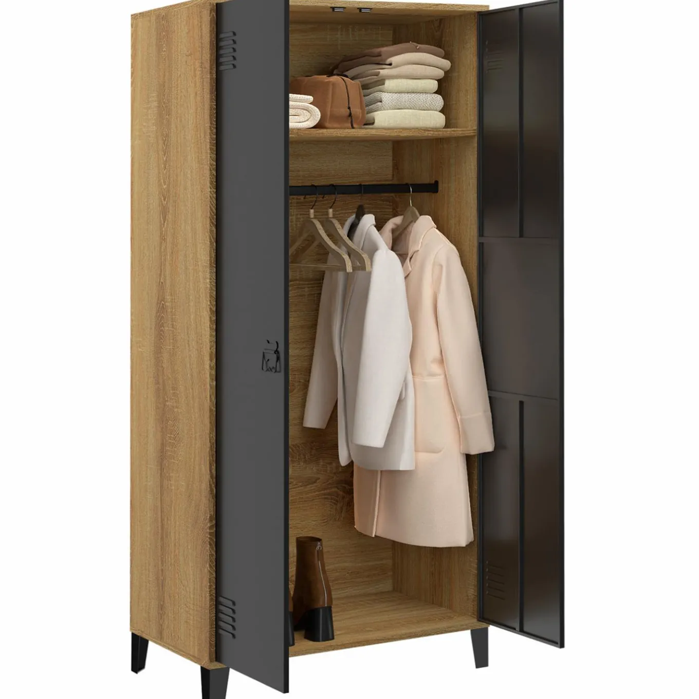 IDMarket Armoire vestiaire penderie métal noir et bois avec 2 portes* Rangement Et Accessoires|Meubles Hauts