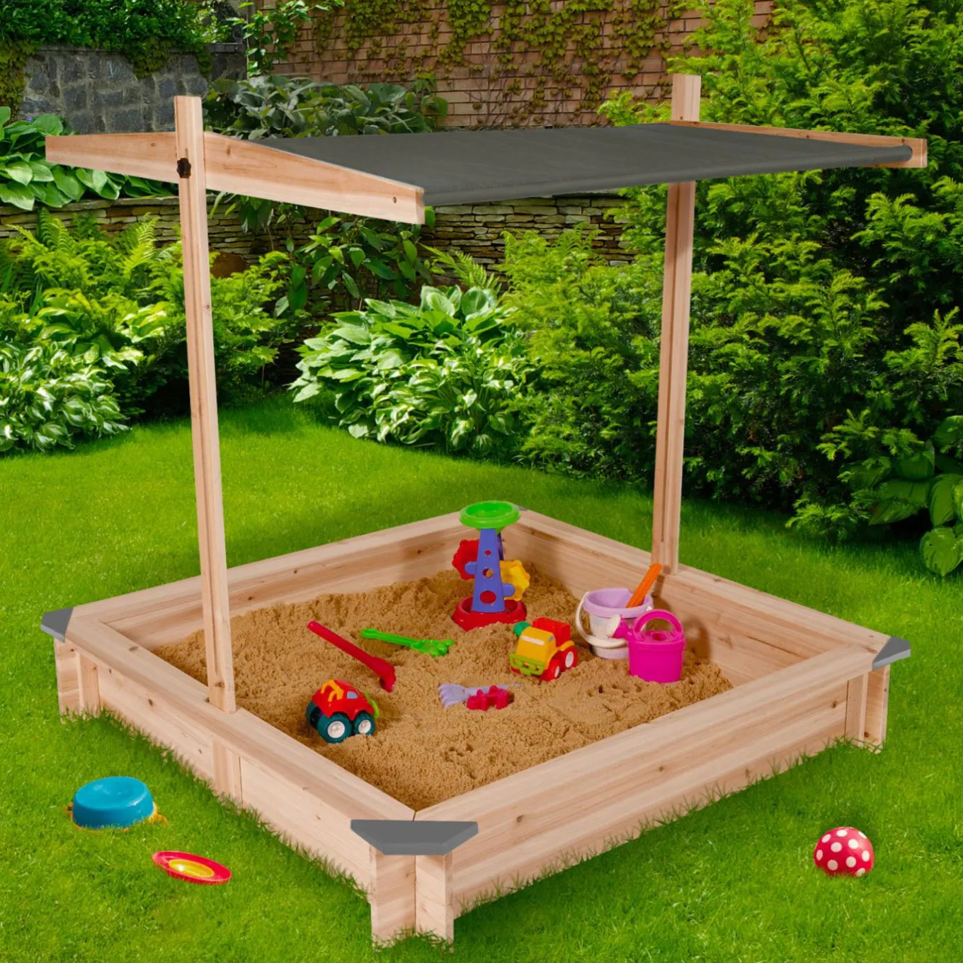 IDMarket Bac à sable en bois avec toit gris refermable*Enfant Jeux Enfant|Loisirs Et Jeux D'Exterieur