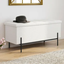 IDMarket Banc coffre rangement pieds métal noir 100 cm tissu bouclette blanc* Bancs D'Entrée|Chambre Complète Adulte