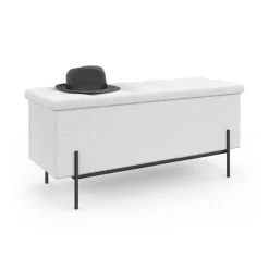 IDMarket Banc coffre rangement pieds métal noir 100 cm tissu bouclette blanc* Bancs D'Entrée|Chambre Complète Adulte
