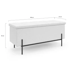 IDMarket Banc coffre rangement pieds métal noir 100 cm tissu bouclette blanc* Bancs D'Entrée|Chambre Complète Adulte