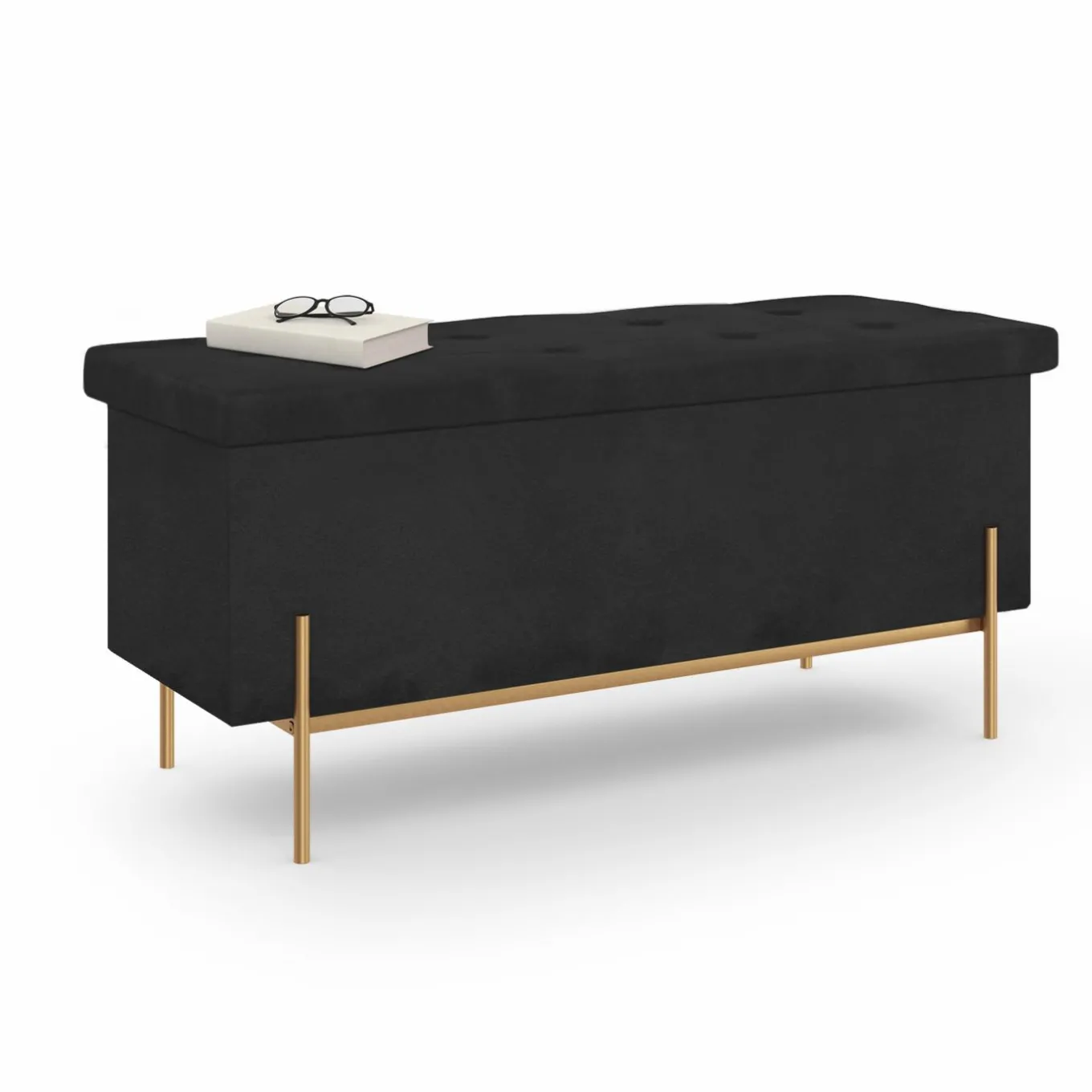 IDMarket Banc de rangement velours noir avec pieds métal doré 100 cm* Bancs D'Entrée|Chambre Complète Adulte