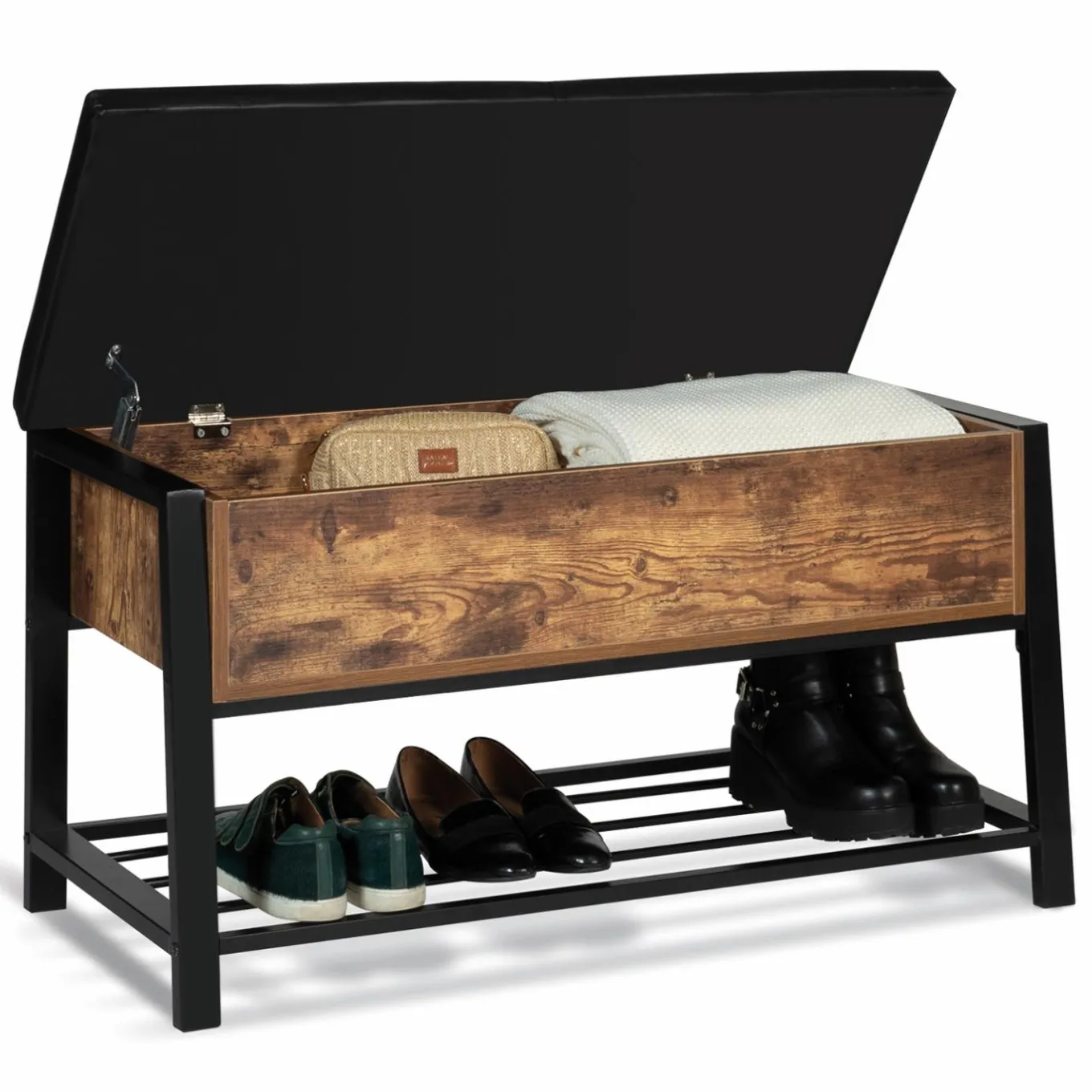 IDMarket Banquette coffre de rangement bois et métal* Meubles Bas|Meubles En Bois