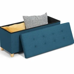 IDMarket Banquette rangement tissu bleu canard en lin* Meubles Bas|Bancs D'Entrée
