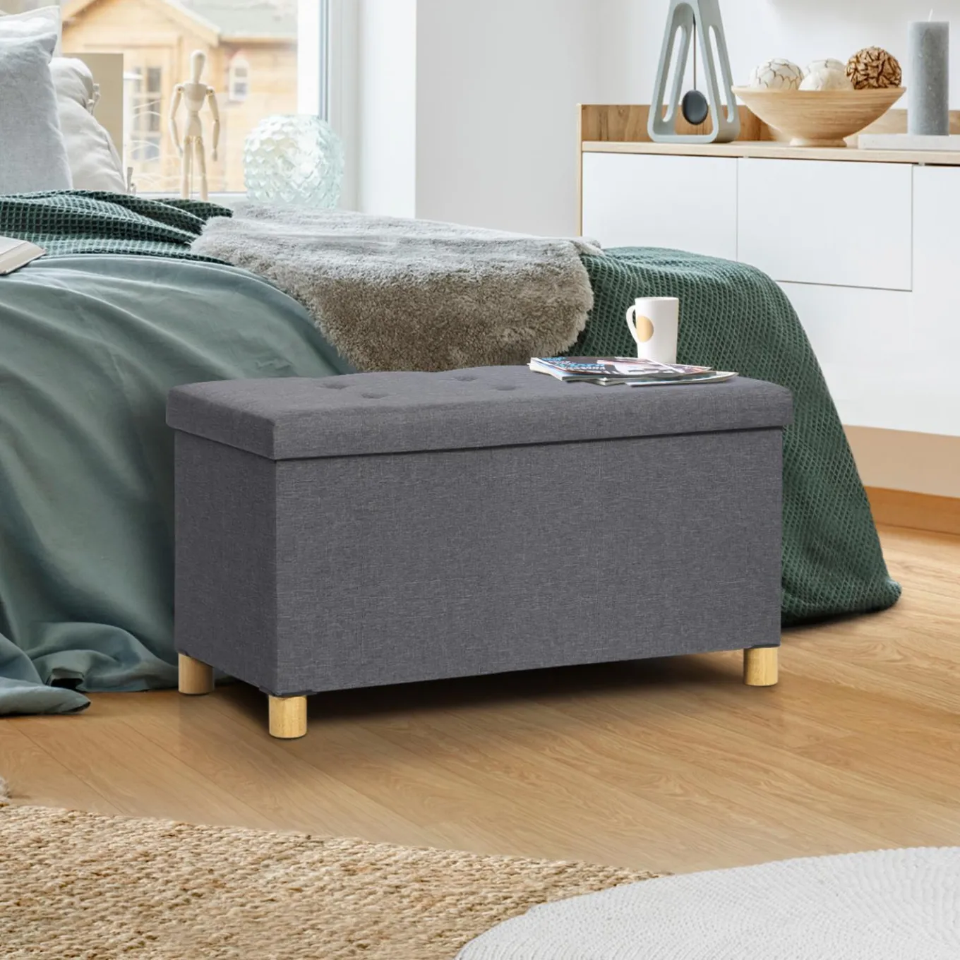 IDMarket Banquette rangement tissu gris anthracite en lin* Bancs D'Entrée|Chambre Complète Adulte