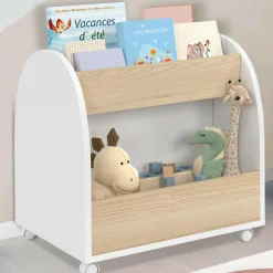 IDMarket Bibliothèque enfant sur roulettes hêtre et blanc*Enfant Meubles Blancs|Meubles En Bois