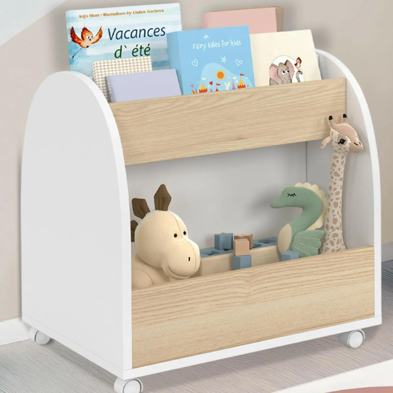 IDMarket Bibliothèque enfant sur roulettes hêtre et blanc*Enfant Meubles Blancs|Meubles En Bois