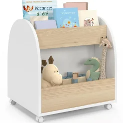 IDMarket Bibliothèque enfant sur roulettes hêtre et blanc*Enfant Meubles Blancs|Meubles En Bois
