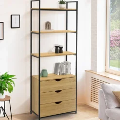 IDMarket Bibliothèque industrielle 4 niveaux 3 tiroirs* Meubles Tiroirs|Meubles Hauts