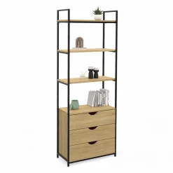IDMarket Bibliothèque industrielle 4 niveaux 3 tiroirs* Meubles Tiroirs|Meubles Hauts