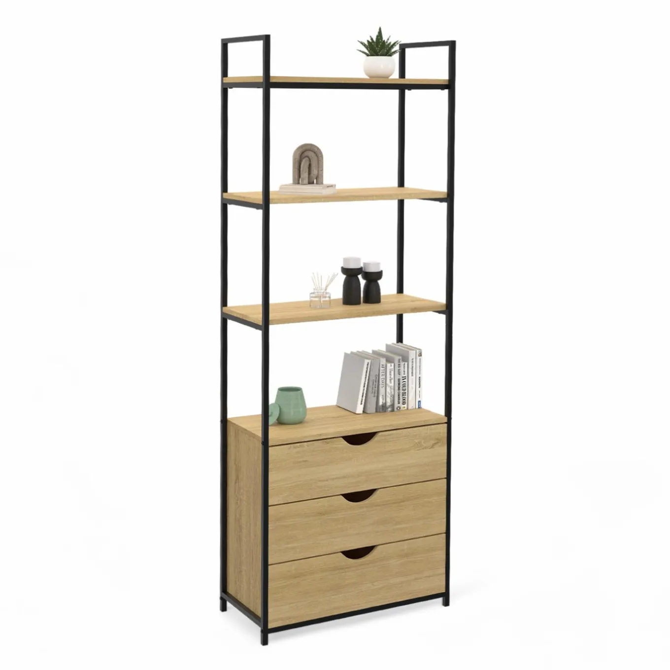IDMarket Bibliothèque industrielle 4 niveaux 3 tiroirs* Meubles Tiroirs|Meubles Hauts