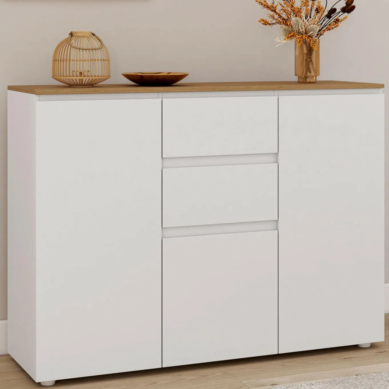 IDMarket Buffet 100 cm 3 portes 2 tiroirs blanc et plateau bois* Buffets|Collection Moderne