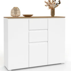 IDMarket Buffet 100 cm 3 portes 2 tiroirs blanc et plateau bois* Buffets|Collection Moderne
